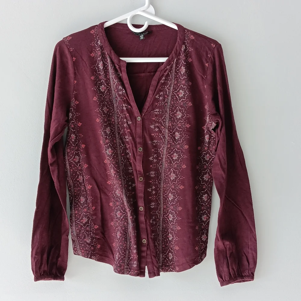 Lucky Brand Long-Sleeved Cotton Blend V-Neck Shirt Floral Purple White Medium - Picture 4 of 14